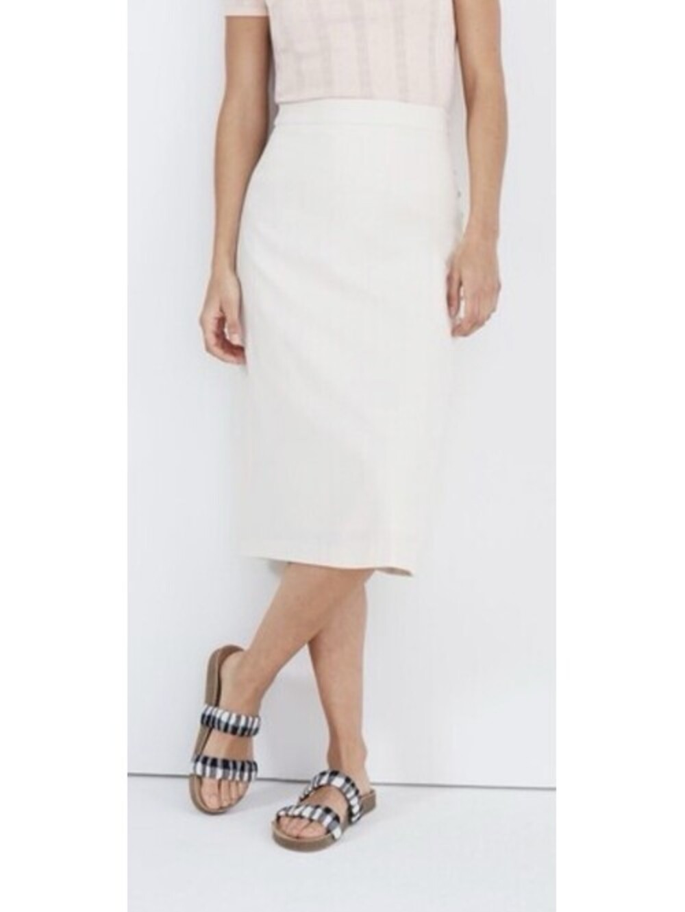 MADEWELL BUTTON SLIT MIDI SKIRT PEARL IVORY CREAM RETRO SZ 14 Linen Rayon Button